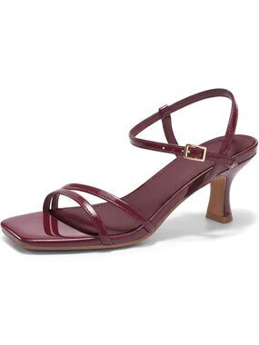 Women's Burgundy Faux Leather Summer Strappy Low Kitten Heel Ankle Strap Sandal